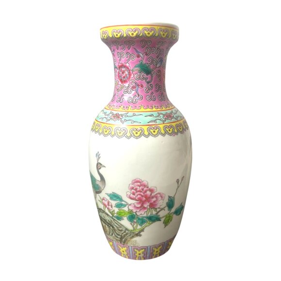 Vintage Chinese Porcelain Vase with Floral and Peacock Design Asian Home - Picture 2 of 7